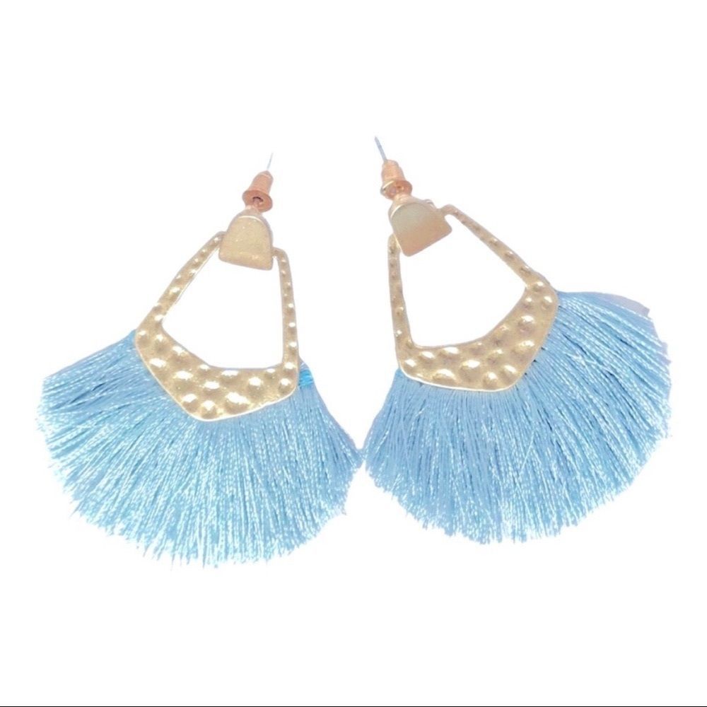 NEW Boho Hammered Stud Tassel Fan Drop Earrings - Picture 2 of 3
